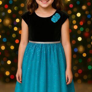 Jona Michelle Holiday Formal Dress Velvet Bodice Button Back Teal Blue 10